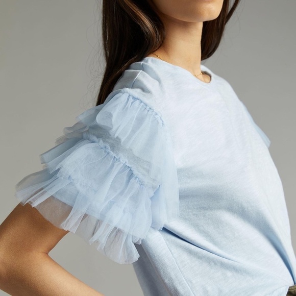NWT Anthropologie Blue Ruffled Tulle Sleeve Top XSP - Picture 3 of 10